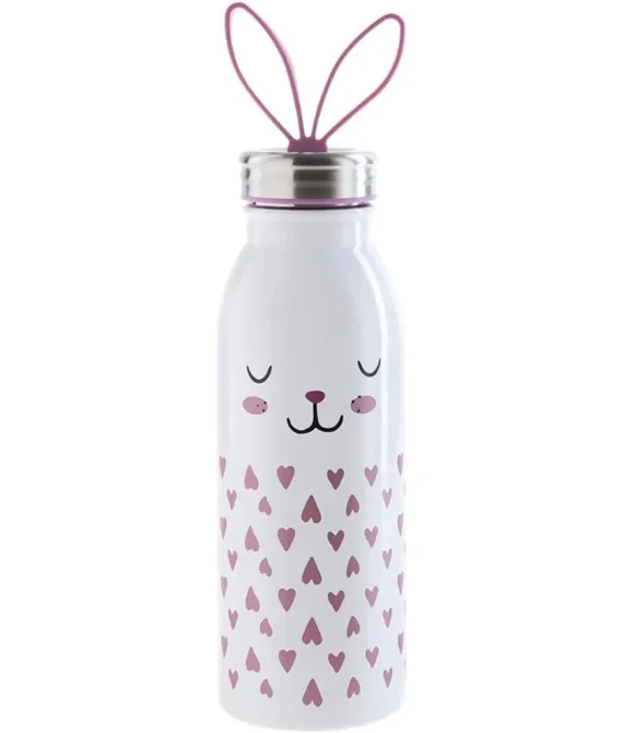 Aladdin Zoo Thermavac Stainless Steel Water Bottle 0.43L Bunny Soft silicone fingerloop | Double Wall Vacuum Insulated Reusable Water Bottle | Keeps Cold for 7 Hours | BPA-Free | Leakproof