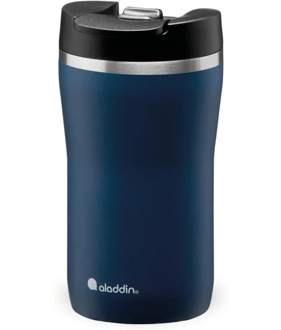 Aladdin Barista Caf Thermavac Leak-Lock Stainless Steel Thermos Travel Mug for Hot Drinks 0.25L Navy Blue Keeps Hot for 2.5 Hours – BPA-Free Reusable Coffee Cups – Leakproof – Dishwasher Safe