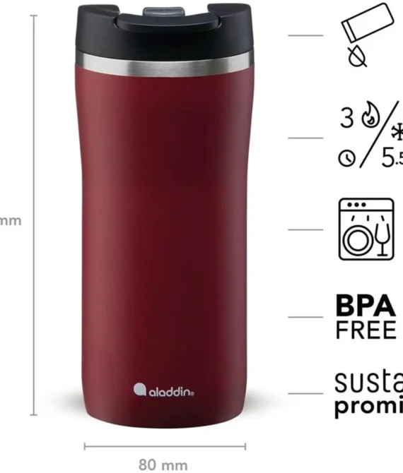 Aladdin Barista Mocca Thermavac Leak-Lock Stainless Steel Thermos Travel Mug for Hot Drinks 0.35L Burgundy Red Keeps Hot for 3 Hours – BPA-Free Reusable Coffee Cups – Leakproof – Dishwasher Safe