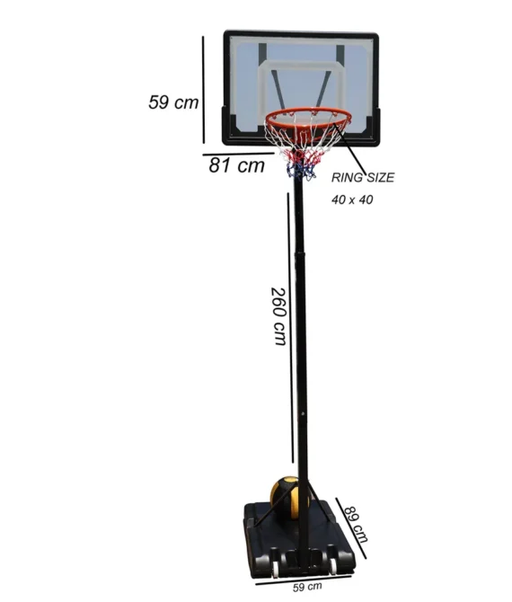 Adjustable basketball stand   260cm height 40cm rim diameter 59x81cm backboard