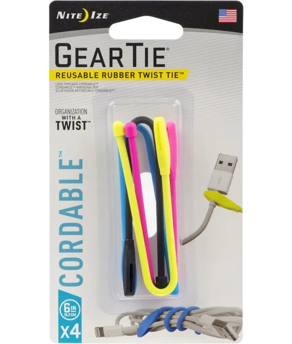 Nite Ize Gear Tie Cordable The Orginal REUsable Rubber Twist With Stretch-Loop For Cord Management + Storage 6-Inch Assorted Colors 4 Pack Made In Usa