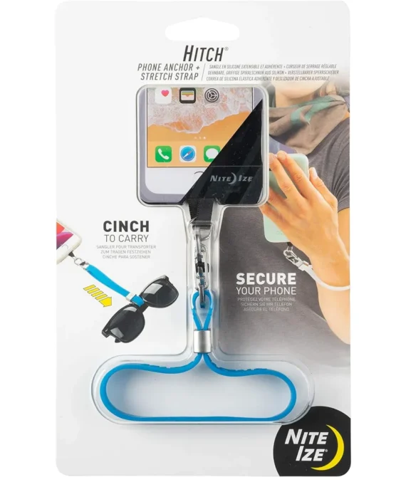 Nite Ize Hitch Phone Anchor + Stretch Strap Adjustable Lanyard Clips to Phone Cinch Earbuds Case/Hand Sanitizer/Lip Balm/Sunglasses Blue