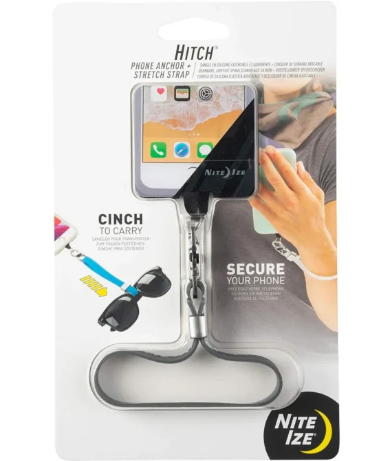 Nite Ize Hitch Phone Anchor + Stretch Strap Adjustable Lanyard Clips To Phone Cinch Earbuds Case/Hand Sanitizer/Lip Balm/Sunglasses Charcoal