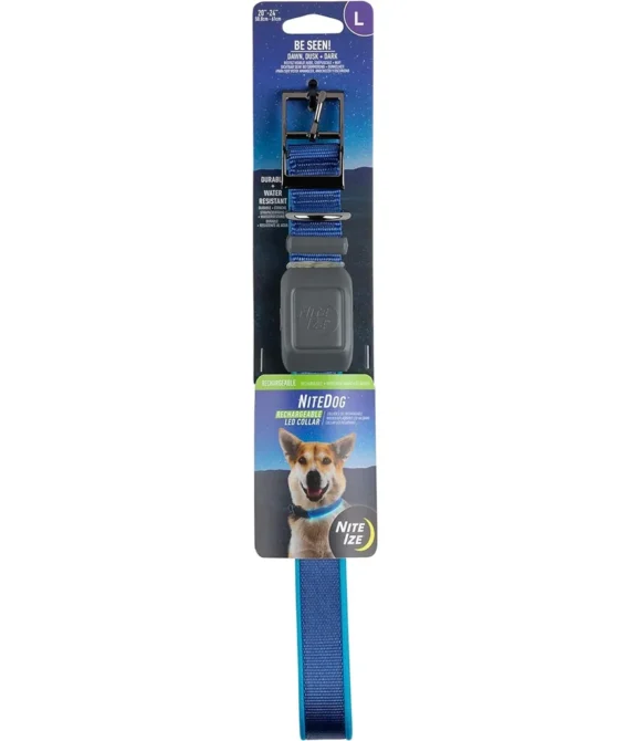 Nite Ize NiteDog Rechargeable LED Collar USB Rechargeable Light Up Dog Collar w/Metal Buckle Water Resistant Large Blue