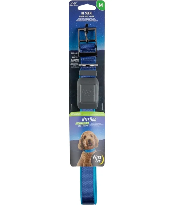 Nite Ize NiteDog Rechargeable LED Collar USB Rechargeable Light Up Dog Collar w/Metal Buckle Water Resistant Blue