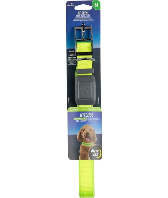 Nite Ize NiteDog Rechargeable LED Collar USB Light Up Dog Collar w/ Metal Buckle Water Resistant Lime Medium