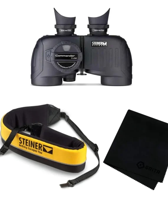 STEINER Commander 7x50c Marine Black Binoculars with Compass (2305) Yellow Floating Strap with ClicLoc Tabs (769) and Black Microfiber Cleaning Cloth