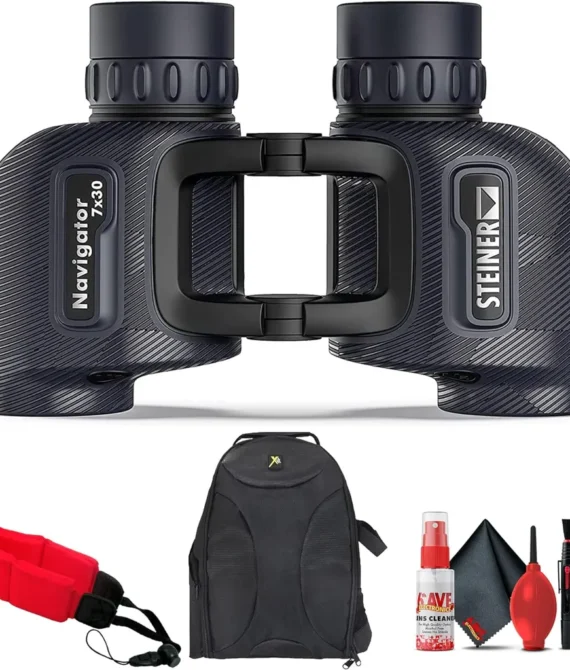 Steiner 7×30 Navigator Open Hinge Marine Binoculars (23400900) Bundle with Padded Backpack Floating Wrist Strap and 6Ave Cleaning Kit