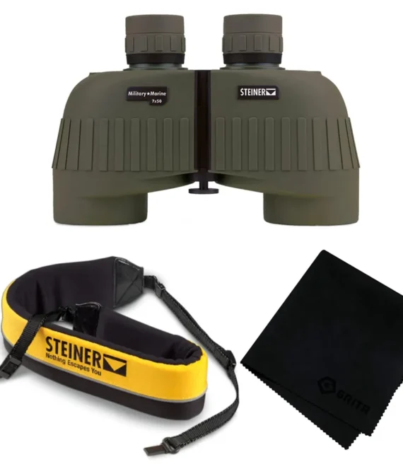 STEINER Military-Marine 7×50 Green Binoculars (2038) with Yellow Floating Strap (768) and Black Microfiber Cleaning Cloth